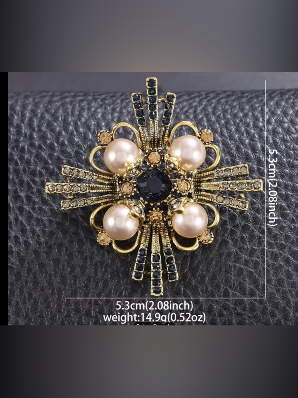 Gold-Tone Pearl & Black Crystal Floral Brooch - Unbranded